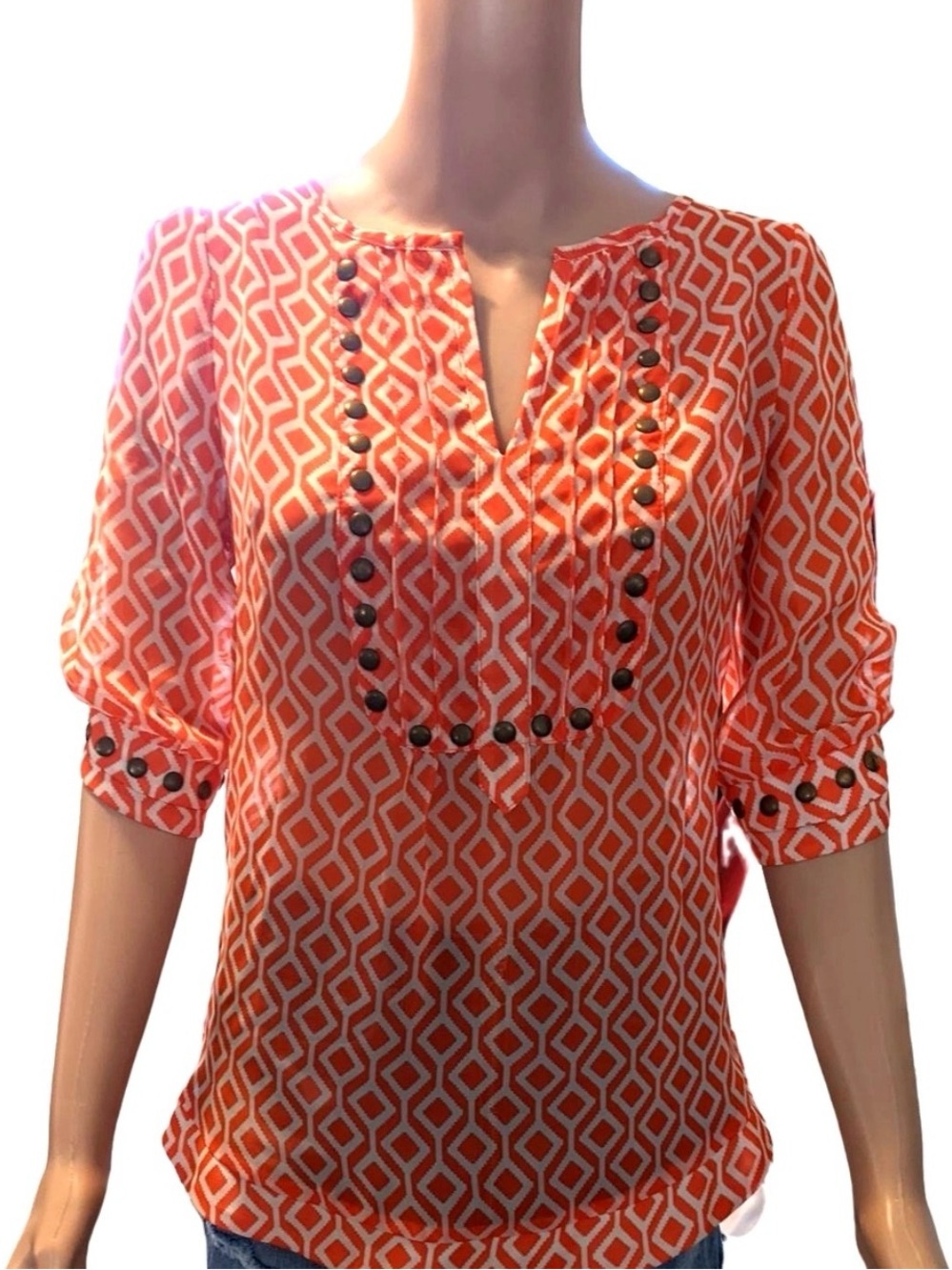 Womens Orange Geometric V-Neck Blouse with Embellished Trim